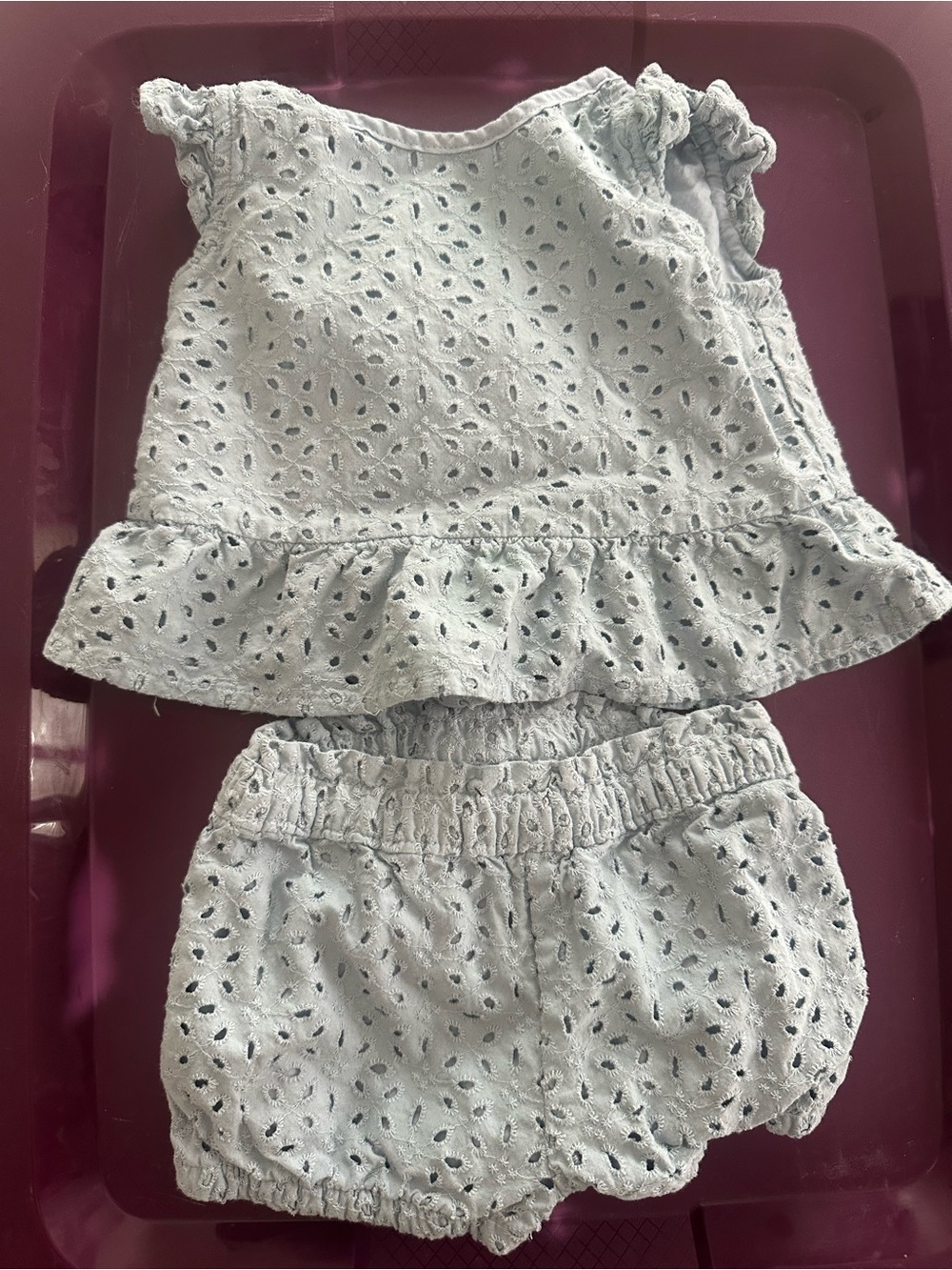 Girls Light Blue Eyelet Ruffle Pajama Set - Sleeveless Top & Shorts